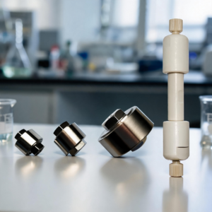 Close-up of a white laboratory stand with a beige knob and metal clamps, in a blurred lab background.